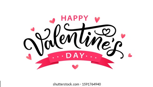 Happy Valentines Day greeting card. Hand drawn text lettering for Valentines Day with hearts. Calligraphic design for print cards, banner, poster. Vector illustration isolated on white background.