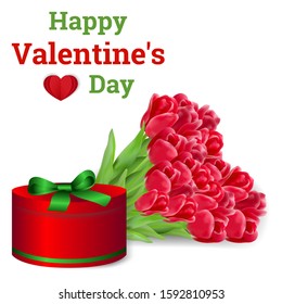 Happy Valentine's Day greeting card. Vector illustration with a large bouquet of red tulips, a heart and a gift box on a white background. Design for paper, prints, brochure, cover, banners etc.