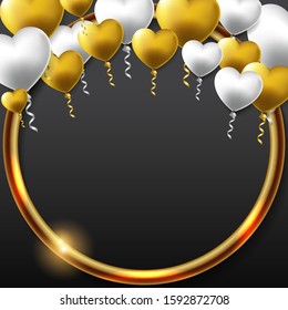 Happy valentine's day greeting card with golden circle frame and hearts