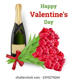 Happy Valentine's Day greeting card. Big bouquet of red tulips in the shape of a heart and realistic bottle champagne, isolated on a white background. Design for paper, prints, brochure, cover, banner