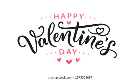 Happy Valentines Day greeting card. Hand drawn text lettering for Valentines Day with hearts. Calligraphic design for print cards, banner, poster. Vector illustration isolated on white background.