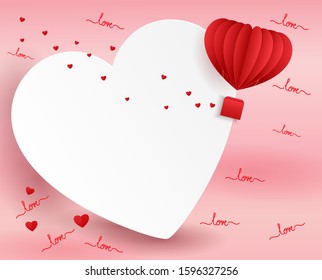 Happy valentine's day greeting card with white blank heart and hot air balloon