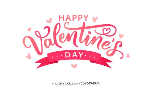 Happy Valentines Day greeting card. Hand drawn text lettering for Valentines Day with hearts. Calligraphic design for print cards, banner, poster. Vector illustration isolated on white background.