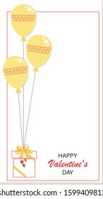 Happy Valentine's day greeting card design with frame, gift with bow and balloons. Festive background. Design with gift, bow and red hearts. Vector illustration isolated on a white background.