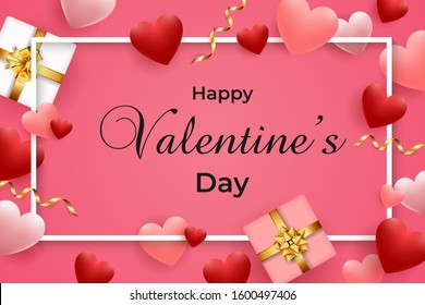 Happy valentine's day greeting card. Vector illustration of red and pink hearts, gift boxes with white frame
