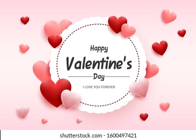 Happy valentine's day greeting card. Vector illustration of red and pink hearts with white round frame