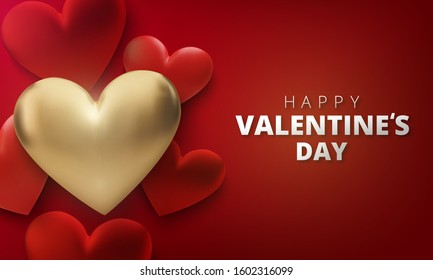 Happy Valentines Day greeting card. Realistic 3d hearts on red background. Love and wedding. Vector illustration