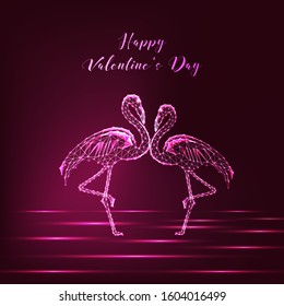 Happy Valentine's day greeting card with couple of glowing low polygonal dancing flamingos on dark purple background. Modern wire frame mesh design vector illustration.