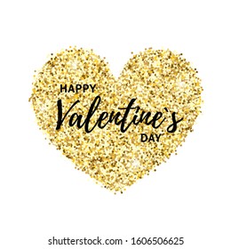 Happy Valentines day greeting card. Decorative golden glitter shiny heart with text on white background. Vector illustration for tag, flyer, web, banner, advert, sale, shop, discount, sticker, wedding