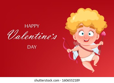 Happy Valentine's Day. Greeting card with funny Cupid kid holding bow and love arrow, cute cartoon character. Vector illustration on red background