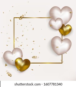 Happy Valentines day greeting card with 3d white and gold hearts, frame, flying confetti, particles. Mother's Day or Womens Day banner. 