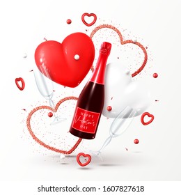 Happy Valentine's Day greeting card.  Vector illustration with champagne bottle, glasses, gift box, air balloons and red hearts on white background. Holiday gift card.