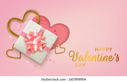 Happy Valentines Day greeting card. Realistic 3d hearts on pink background. Love and wedding. Vector illustration