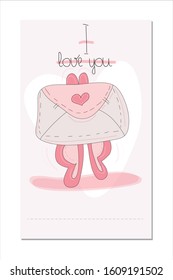 Happy Valentines Day greeting card with calligraphy. I love you. Flying closed envelope with pink heart and wings. Handwritten modern brush lettering. Vector illustration isolated on pink background.