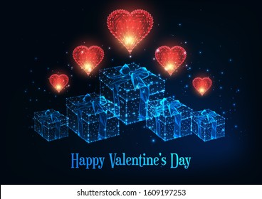 Happy Valentines day greeting card template with glowing low polygonal red hearts and gift boxes on dark blue background. Modern wire frame mesh design vector illustration.