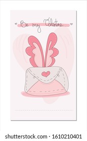 Happy Valentines Day greeting card with calligraphy. Flying closed envelope with pink heart and wings. Handwritten modern brush lettering. Vector illustration isolated on pink background.
