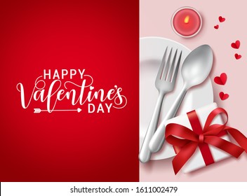 Happy valentines day greeting card in red background vector template. Valentines romantic dating elements of gift, candle light, plate, fork, spoon silverware and heart shape paper cut decoration.