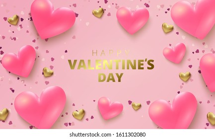 Happy Valentines Day greeting card. Realistic 3d hearts on pink background. Love and wedding. Vector illustration
