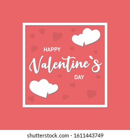 Happy Valentine's day greeting card or posters. Lettering in white with a delicate gray shadow. Above and below are white and pink hearts in different sizes.