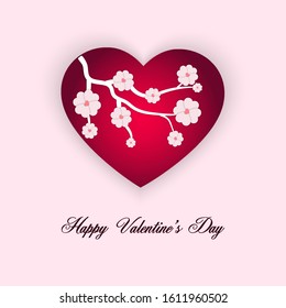 Happy valentine's day greeting card with text. Vector illustration with big heart in the middle, inside a heart a flowering tree branch on isolated background
