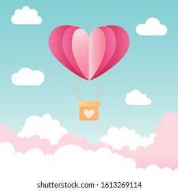 Happy Valentine's Day greeting card design. Holiday banner with hot air heart balloon.