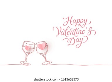 Happy Valentine's Day greeting card design. Continuous one line drawing and paper hearts on pink background. Vector Valentine love postcard with glasses of wine.
