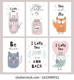 Happy Valentine's Day greeting card set with hearts and cute animals, vector illustrtation