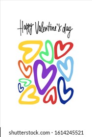 Happy Valentines Day greeting card. Hand lettering with rectangular-shaped cluster of rainbow-colored hearts. Isolated on white