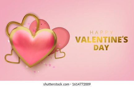 Happy Valentines Day greeting card. Realistic 3d hearts on pink background. Love and wedding. Vector illustration