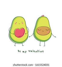 Happy Valentines day greeting card. Hand drawn cute avocado with pink heart. Vector.