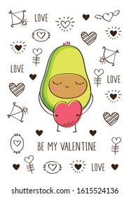 Happy Valentines day greeting card. Cute avocado with pink heart and hand drawn elements. Vector.