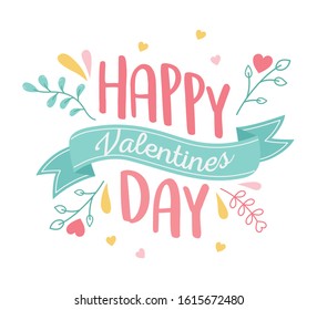 happy valentines day, greeting card foliage decoration ribbon vector illustration