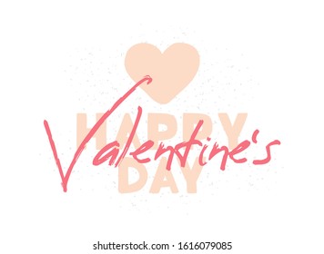 Happy Valentines Day. Valentines day greeting card with lettering on heart shape. Hand drawn design elements. Handwritten modern brush lettering