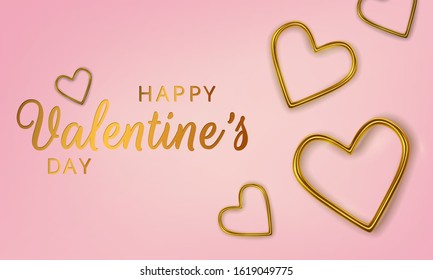 Happy Valentines Day greeting card. Realistic 3d gold metallic hearts on pink background. Love and wedding. Vector illustration