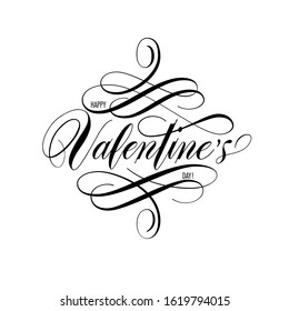 Happy Valentines Day greeting card. Postcard with a unique lettering for Valentine's Day. Vector illustration with isolated elements