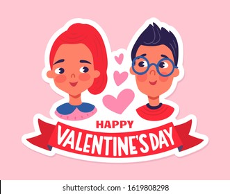 Happy Valentine's Day. Greeting Card with cute couple, hearts, flowers. Boy and girl in love. 14 February. Vector stock illustration in cartoon style. Love day.