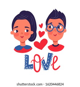 Happy Valentine's Day. Greeting Card with cute couple, hearts, flowers. Boy and girl in love. 14 February. Vector stock illustration in cartoon style. Love day.