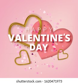 Happy Valentines Day greeting card. Realistic 3d hearts on red background. Love and wedding. Vector illustration
