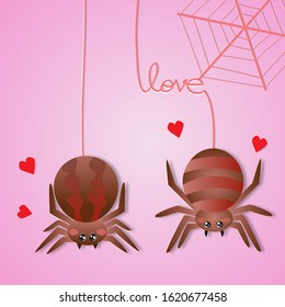 Happy Valentine's day greeting card with two spider falling in love,vector illustration paper art style.