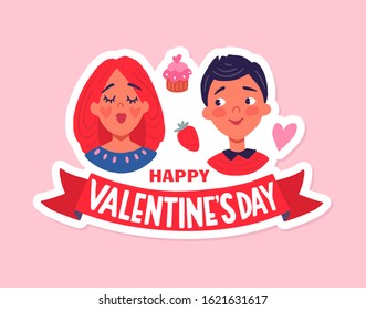 Happy Valentine's Day. Greeting Card with cute couple, heart. Boy and girl in love. 14 February. Vector stock illustration in cartoon style. Love day.