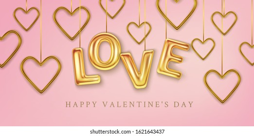 Happy Valentines Day greeting card. Realistic gold 3d hearts on pink background. Text in the form of balloon. Love and wedding. Template for products, web banners and leaflets. Vector illustration