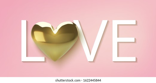 Happy Valentines Day greeting card. Realistic 3d gold metallic hearts and text on pink background. Love and wedding. Template for products, web banners and leaflets. Vector Illustration 