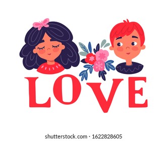 Happy Valentine's Day. Greeting Card with cute couple, hearts, flowers. Boy and girl in love. 14 February. Vector stock illustration in cartoon style. Love day.