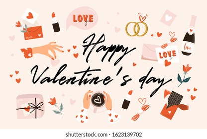 Happy Valentine's Day greeting card with lettering phrase. Flat cartoon colorful vector illustration. Template for Invitation, greetings, congratulations, posters.