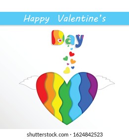Happy Valentines Day Greeting Card with Rainbow Papercut Heart with Wings on White Background. Saint Valentine Holidays Celebration, Lgbt Love and Gay Loving Relations, Freedom 3d Vector Illustration