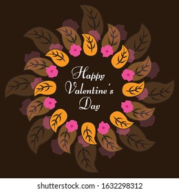 Happy Valentine's Day greeting card. brown background with leaf and a frame - Vector illustration