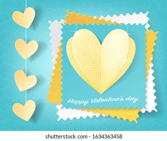 Happy Valentines Day greeting card. Glitter gold heart on turquoise background