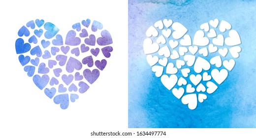 Happy Valentines Day. Greeting card with blue and violet watercolor hearts.