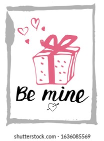 Happy Valentine's Day greeting card. Hand drawn ink illustration. Grunge texture, lettering.