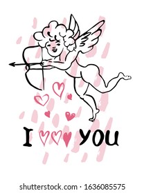 Happy Valentine's Day greeting card. Hand drawn ink illustration. Grunge texture, lettering.